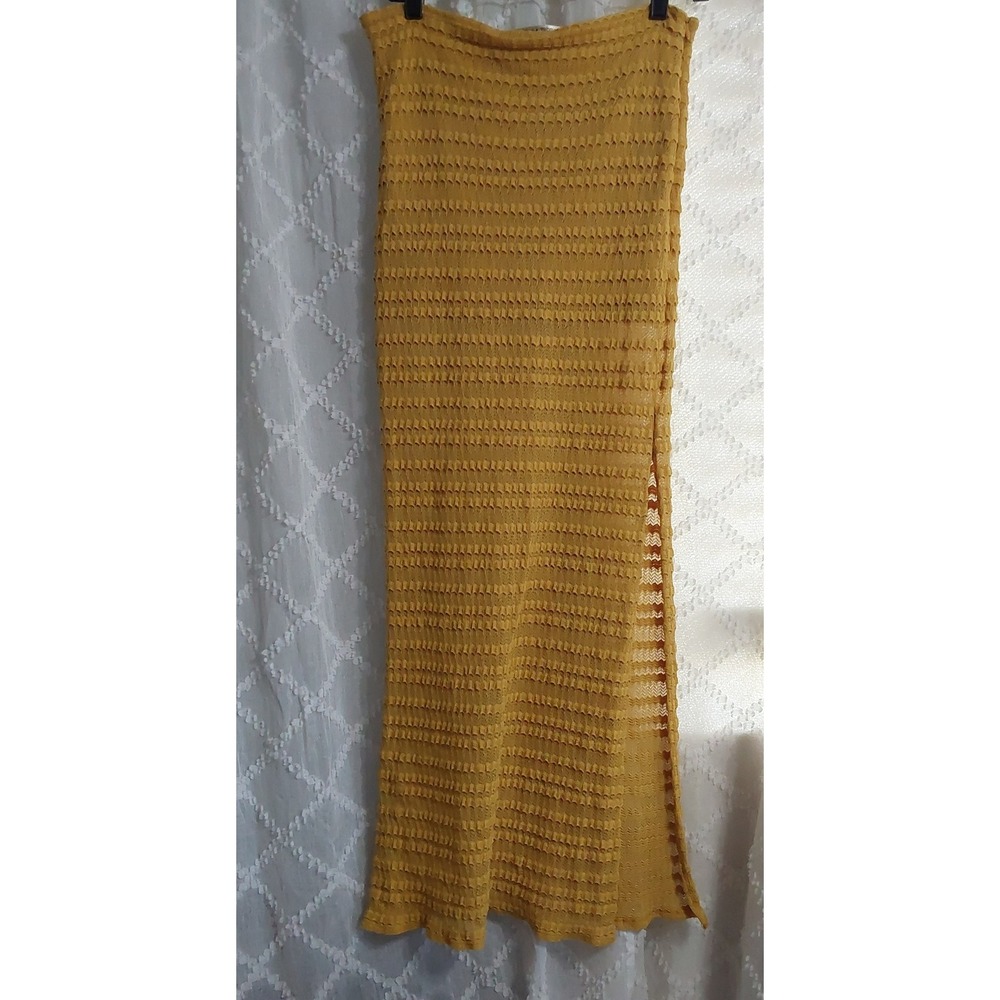 Threads 4 Thought Mustard Yellow Crochet Knit Maxi Skirt Side Slit Womens Medium
